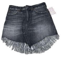 We The Free Free People Denim Fringe Maverick Mini Skirt Black Denim Size: 25 Asymmetrical Raw Fringe Hem. 5 Pocket Belt Loops Zipper & Button Fly Measured Across Back When Laid Flat: Approx. 14" Length - Measured Down Back Center: Approx. 17" New With Tag! Gray Mid-rise Bottoms With Frayed Hem, Gray Denim Skirt For Spring, Casual Gray Denim Skirt For Spring, Trendy Gray Bottoms With Frayed Hem, Gray Trendy Denim Skirt For Spring, Trendy Gray Denim Skirt For Spring, Gray Bottoms With Frayed Hem For Fall, Fringe Mini Skirt, Denim Fringe