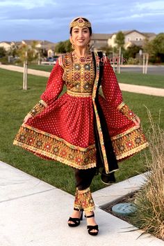 Knee Length Thread and Mirrors Embroidery Dress. Afghani Dresses, Combination Dresses, Mirror Work Blouse Design, Mehndi Dress, Womens Pants Design