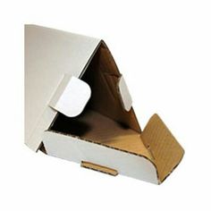 an open cardboard box with a piece of paper sticking out of the inside of it