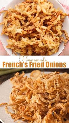 two pictures with different types of fried onions in them and the words, homemade french's fried onions