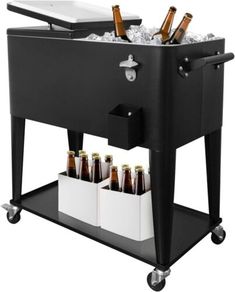 a cooler with six bottles in it and ice on the bottom, sitting on wheels