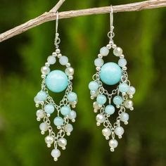 Beaded Chandelier Earrings with Blue Quartz and Glass Beads - Brilliant Meteor | NOVICA Diy Dangle Earrings, Beaded Chandelier Earrings, Beaded Chandelier, Earrings Inspiration, Handmade Wire Jewelry, Beaded Hoop Earrings, Blue Quartz, Earring Patterns, Diy Schmuck