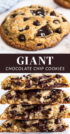 giant chocolate chip cookies stacked on top of each other with text overlay that reads giant chocolate chip cookies