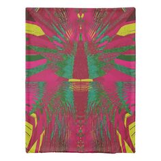 a pink and green square scarf with an abstract design on the front, featuring palm trees