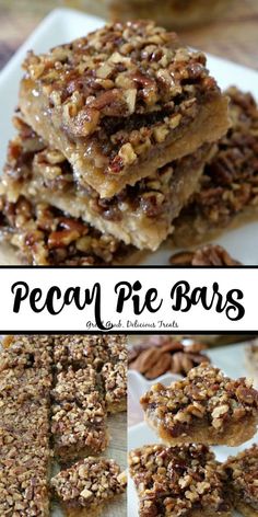 pecan pie bars are stacked on top of each other and ready to be eaten