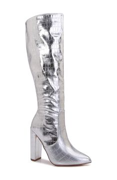 A pointed toe and wrapped block heel balance a metallic croc-embossed boot shaped in a knee-high silhouette for bold appeal. 3" heel 15" shaft; 16" calf circumference Synthetic upper, lining and sole Imported Silver Knee-high Boots For Night Out, Glamorous Metallic Knee-high Boots, Silver Knee-high Boots With Pointed Toe For Fall, Embossed Boots, Boot Shoes Women, Emboss, Mid Calf, Nordstrom Rack, Knee High