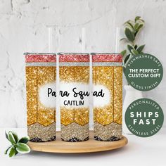 three personalized glitter tumblers with the words pa na snow and catlin on them