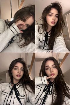 four photos of a woman with long hair and wearing a white sweater, posing for the camera