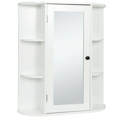 a white cabinet with shelves and a mirror on the top shelf, against a white background