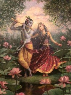 two women are dancing in the water surrounded by flowers and trees, with one holding a flute