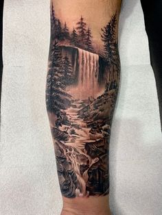 Landscape Forearm Tattoo Men, Mens Landscape Tattoo, Forearm Landscape Tattoo, Forest Waterfall Tattoo, Outdoor Tattoos For Men Forearm, Waterfall Tattoo Design, Nature Forearm Tattoo, Wilderness Tattoo Women, Waterfall Tattoo Ideas