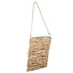 a hanging basket made out of branches with chains on the bottom and handles, in white background