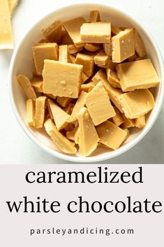 caramelized white chocolate in a bowl with text overlay