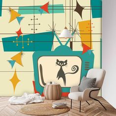 Mid Century Modern Wallpaper Kitschy Wallpaper, Atomic Kitty, 50s Wallpaper, Retro Umbrella, Repositionable Wallpaper, Peel And Stick Wall Murals, Mid Century Modern Wallpaper, Mid Century Modern Pillows, Atomic Cat