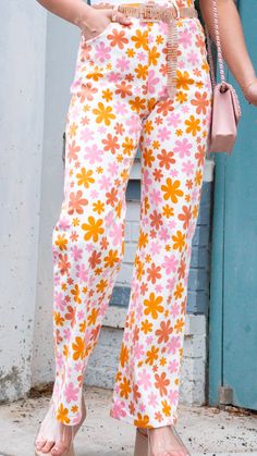 Introducing Crazy Crush Pants in Orange Floral, the perfect rock-and-roll pant to add some flower power to your wardrobe! Made of stylish floral print denim, these high waisted pants feature pink and orange florals, a straight leg fit, and a loose fit - it's like style went wild in the garden! Flower up your style game and get to crushing. Coordinating Outfits, Print Denim, Garden Flower, Printed Denim, The Girl Who, Pink Print