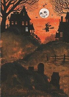 an image of a halloween scene with pumpkins on the ground and houses in the background