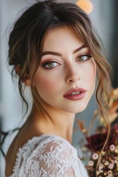 15 Stunning Fall Wedding Makeup Ideas For Brides Bride Makeup Red Hair, Bridal Makeup Burgundy Lips, Burgundy Wedding Makeup For Bride, Soft Burgundy Eye Makeup, Autumn Bridal Makeup, Fall Bride Makeup, Romantic Wedding Makeup Bridal, Fall Wedding Makeup For Bride, Fall Bridal Makeup