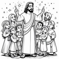 the jesus is surrounded by children in black and white coloring book pages, with stars around him