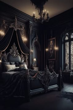 an ornate bed in a dark room with chandelier and windows on the wall