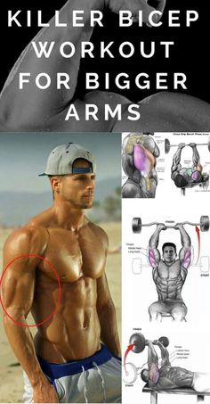 an image of a man doing exercises with the words killer bicep workout for bigger arms