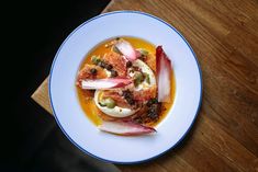 a white plate topped with food on top of a wooden table