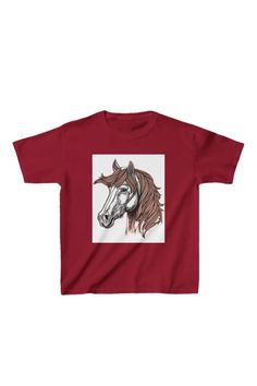 Red t-shirt featuring a detailed illustration of a horse’s head with flowing, textured mane, in shades of brown and black, centered on the chest. Gifts For Equestrians, Horse Lovers, Kid Tees, Kids' Fashion, Kids Tops, Animal Design