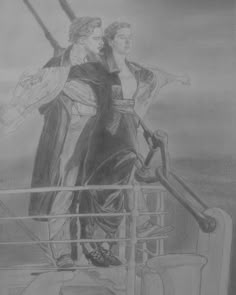 a drawing of two people on a ship