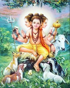 the hindu god sitting on top of a cow surrounded by other animals