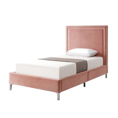 a bed with a pink headboard and two pillows on it's sides, in front of a white background