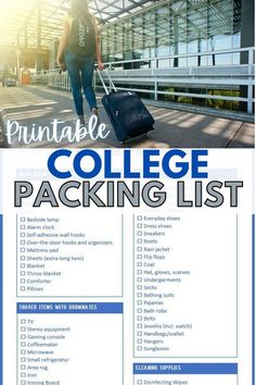 a college packing list with the words printable on it and an image of a woman walking