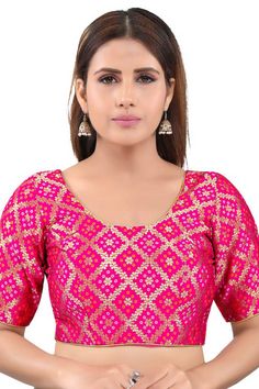 Product Features: Blouse Color: PINK Blouse Fabric: Jacquard Blouse Work: Solid Blouse Closure: BACK OPEN Blouse Type: Padded Blouse Sleeves Type: Elbow Sleeves Blouse Neck Type: Round Neck Product type: Saree Blouse Occasion: Partywear Disclaimer: There will be slight difference in digital to actual image Round Neckline Blouse, Pink Brocade, Saree Blouse Styles, Saree Blouses Online, Open Blouse, Western Skirts, Jacquard Blouse, Padded Blouse, Brocade Blouses