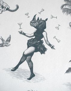 a drawing of a woman with an animal on her back and birds in the background