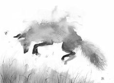 a black and white drawing of a fox running through tall grass with its tail in the air