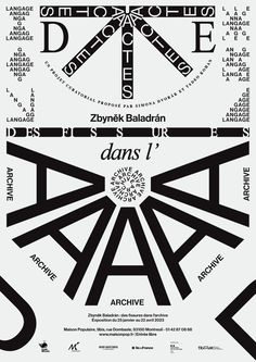 the poster for an art show with black and white typograms on it