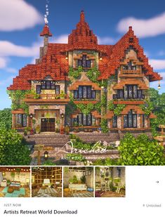 an animated house with lots of windows and plants on the roof, along with pictures of other houses