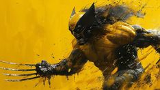 the wolverine artwork is on display in front of a yellow background with black paint splatters