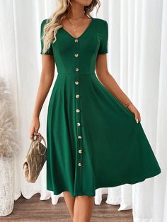 Women's Elegant V-Neck Short Sleeve Green A-Line Dress Green Casual  Short Sleeve Knitted Fabric Plain A Line Medium Stretch  Women Clothing, size features are:Bust: ,Length: ,Sleeve Length: Plain Dress, Soft Classic, Dress For Short Women, Womens Midi Dresses, Dress P, Green Dress, Women Clothing, A Line Dress, Casual Shorts