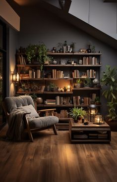 a living room filled with furniture and bookshelves next to a wooden coffee table