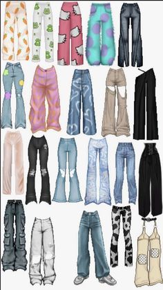 a bunch of different types of jeans and pants with holes on the sides, all in different colors