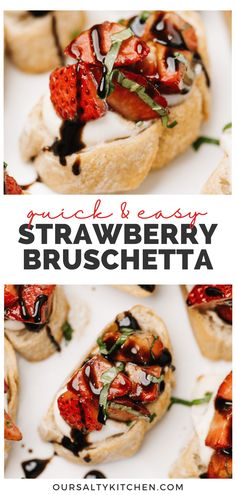 strawberry bruschetta on a white plate with text overlay