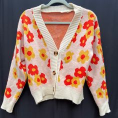 Floral Sweater, Soft Button-Up, Never Worn Casual V-neck Outerwear With Floral Print, Spring Multicolor Sweater With Button Closure, Multicolor Button Sweater For Spring, Spring Multicolor Button-up Sweater, Multicolor Button-up Sweater For Spring, Casual Spring Sweater With Button Closure, Red Buttoned Cardigan For Spring, Cute Pink Cardigan With Button Closure, Trendy Spring Cardigan With Button Closure