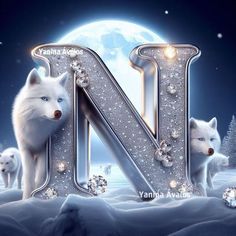 the letter n is surrounded by three white wolfs in front of a full moon