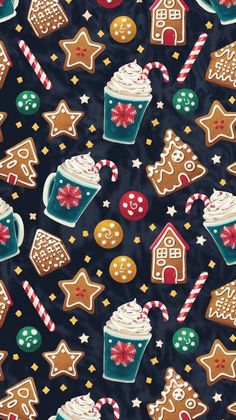 christmas cookies and hot chocolates are on a black background with candy canes, stars, and gingerbreads