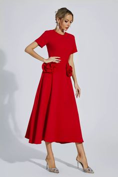 Audrey Hepburn Red Dress, Red Dress Wedding Guest, Red Dress Wedding, Flower Midi Dress, Wedding Guest Outfits, Red Wedding Dresses, Dress Wedding Guest, Pretty Dress, Red Flower