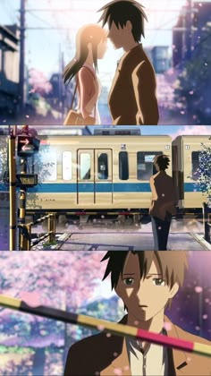 two anime characters standing in front of a train