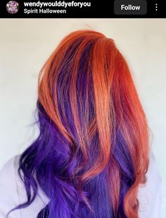 Purple And Orange Hair Highlights, Cooper And Purple Hair, Purple And Orange Hair Short, Multi Colored Hair Ideas, Ginger Hair With Purple, Two Color Hair Underneath, Orange And Purple Highlights, Ginger And Blue Hair, Copper And Purple Hair