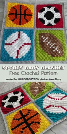 crocheted baby blanket with different sports balls and bats on it, in various colors