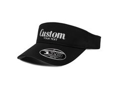 Create your embroidered visor hat. Perfect for golfers, tennis players, birthday trips, bachelor parties, school names, gifts and custom team hats. Bulk discounts available. Custom logos also available through ETSY messaging.  --Due to order volume, mockups are only sent by request and might slow down production time. Please feel free to message us with questions or updates.-- How to Order: 1.Enter your custom main text and an optional text below. Example: Main Text-Coffee. Optional Text- Lover 2. Send us a color you'd like for the Varsity Font thread and we will do our best to match it. 3. For any additional logos, pictures or font changes, send us an Etsy Message. ---------------------- Step into the court or head out into the field with poise with Flexfit 110® Cool & Dry visor. It's got Customizable Black Trucker Hat For Sports, Customizable Black Sports Hat, Classic Snapback Visor Hat For Sports Events, Classic Visor Snapback Hat For Sports Events, Customizable Black Baseball Cap For Sports, Customizable Flat Bill Snapback For Sports, Customizable Snapback Hat With Curved Visor, Adjustable Sports Hats With Custom Logo, Customizable Trucker Hat With Visor