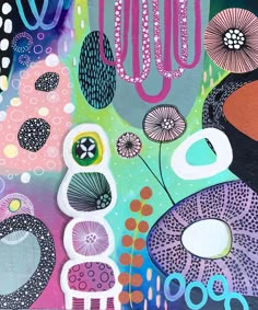 an abstract painting with flowers and circles