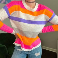 Multicolor Long Sleeve Knit Sweater. Great Condition, Never Worn. Trendy Multicolor Soft Knit Sweater, Fall Soft Knit Pink Sweater, Cute Multicolor Knit Sweater, Pink Crew Neck Sweater In Acrylic, Soft Knit Pink Sweater, Cute Pink Knit Sweater, Pink Crew Neck Acrylic Sweater, Trendy Pink Sweater, Trendy Pink Color Block Sweater